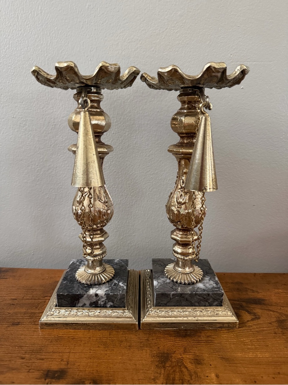 Vintage Dilly Brass Marble Candlestick Holders Pair